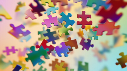 Naklejka premium Colorful Puzzle Pieces Floating Against a Blurred Gradient Background in a Playful Abstract Design
