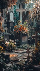 Fototapeta premium Serene Cemetery View with Floral Arrangement
