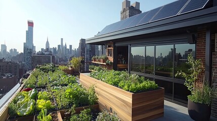 Rooftop Garden with Cityscape View and Solar Panels