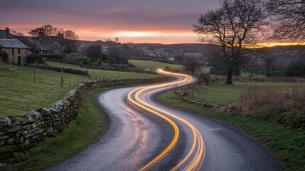 Obraz premium A meandering, curved country road across British countryside, illuminated by headlights.