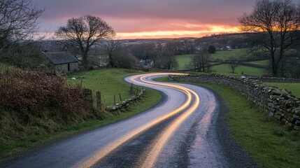 Obraz premium A meandering, curved country road across British countryside, illuminated by headlights.