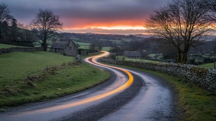 Fototapeta premium A meandering, curved country road across British countryside, illuminated by headlights.