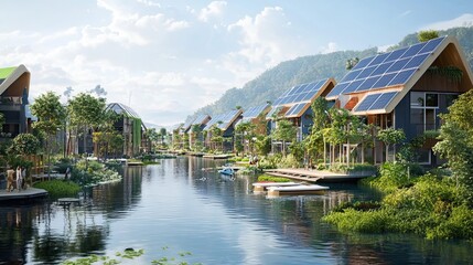 Fototapeta premium Sustainable Modern Houses With Solar Panels Along a Canal