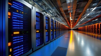 Fototapeta premium Futuristic digital blue grid of monitors in a data center environment for tech and it solutions
