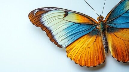 Close-up of a butterfly's multicolored wings, isolated on white, with soft yellow lighting to create a harmonious contrast, perfect for nature-themed designs