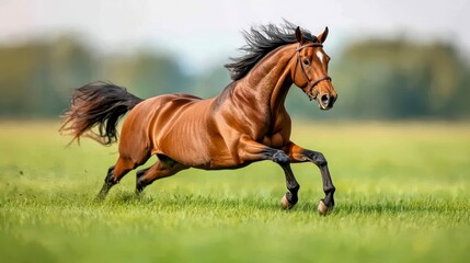 Fototapeta premium A powerful horse gallops through a lush green field, showcasing its grace and strength.