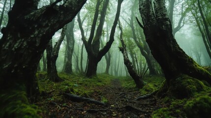 Mysterious foggy forest in spring for nature and adventure themes