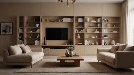 Fototapeta premium Minimalist living room interior with two beige sofas, a coffee table, a large built-in bookshelf, and a flat-screen TV.