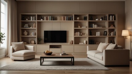 Fototapeta premium Modern living room interior with beige couch, two armchairs, and a large bookshelf with a TV in the middle.