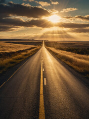 Fototapeta premium A long straight road leading to a bright glowing light at the horizon, symbolizing the journey toward success and victory.