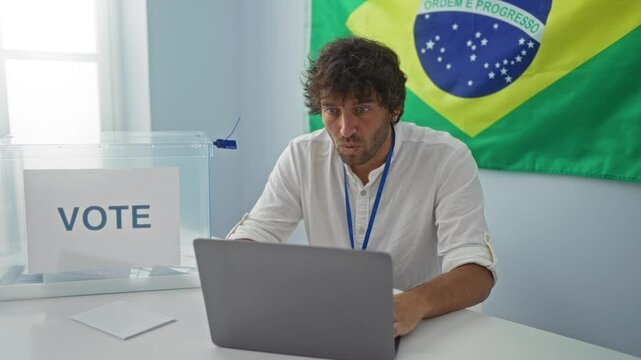 Young hispanic man's amazed and scared open mouth face at brazilian electoral college while using computer, feeling disbelief and surprise in electoral room
