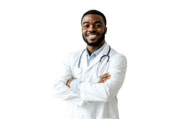 Confident African American male doctor smiling with arms crossed in a white coat on a transparent background