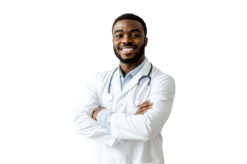 Confident African American male doctor smiling with arms crossed in a white coat on a transparent background