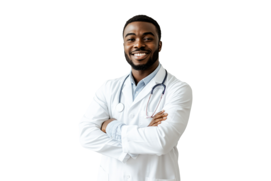 Confident African American male doctor smiling with arms crossed in a white coat on a transparent background - Powered by Adobe