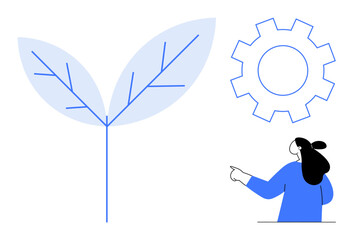 Woman pointing at a large gear and stylized leaves, representing the connection between technology, innovation, ecology, and progress. Ideal for technology, innovation, ecology, environmental