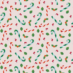 christmas seamless pattern. Candy cane, berries, green leaves. Ideal for wrapping paper, apparel, wallpaper, greeting card, background, etc