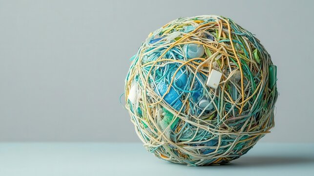 Earth globe made from tangled plastic waste, symbolizing the growing issue of pollution and waste management, plastic waste Earth, visual reminder of environmental crisis