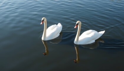 Graceful Swans Swimming in Calm Water