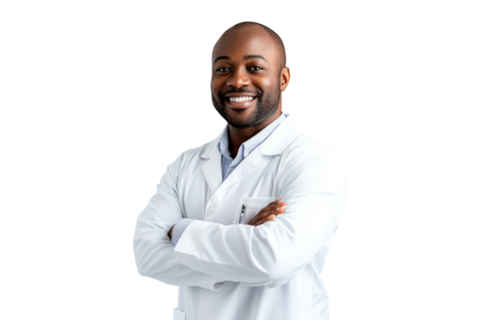 Confident African American male doctor smiling with arms crossed in a white coat on a transparent background