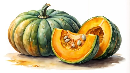 Watercolor of squash with slices and seeds on a white background