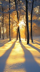 Snow-Covered Forest at Sunrise with Stunning Light Effects