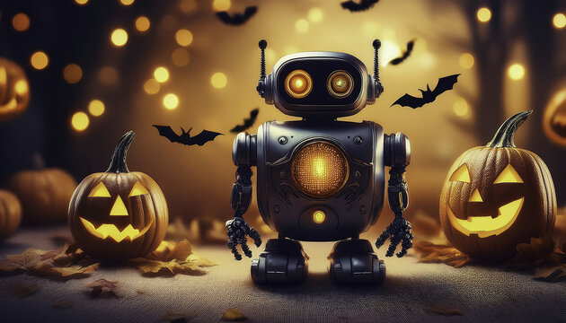 A whimsical robot stands among glowing pumpkins and bats, embodying the playful spirit of Halloween in a spooky, festive setting.