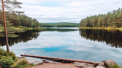 Nestled in the Black Forest, a tranquil lake reflects the surrounding dense trees and fluffy clouds, featuring a fallen tree on the shore