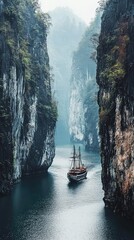 Fototapeta premium Ship Navigating Through Serene Narrow Waterway
