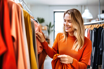 A young woman smiles as she examines a bright orange sweater in a stylish clothing store. Concept of Seasonal Wardrobe Shopping