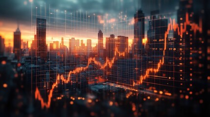 Naklejka premium Financial Growth with Marketing Insights. City skyline during sunset reflects financial growth trends. Overlaid graph symbolizes investment opportunities & marketing insights crucial for businesses.