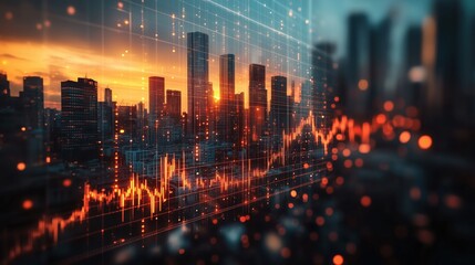 Urban Financial Growth with Dynamic Marketing Trends. Skyline at sunset showing financial growth trends. Image illustrates dynamic marketing influences with vibrant colors and data visualizations.