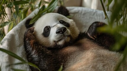 Obraz premium Relaxed panda amidst spring blooms: tranquility and nature in animal photography for digital media