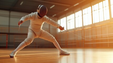 A fencer practices in an illuminated training hall during golden hour, showcasing agility and focus in the sport