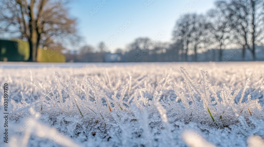 Poster A thick layer of frost blankets the grass in a serene park as the sun rises, casting a soft light over the landscape. Trees stand tall in the background, enhancing the tranquil winter atmosphere.