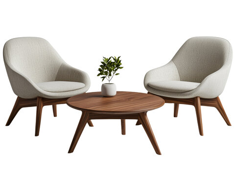 Modern furniture set with two white cushioned chairs and a wooden coffee table, accented by a small potted plant, creating a cozy ambiance. Isolated PNG transparent background.