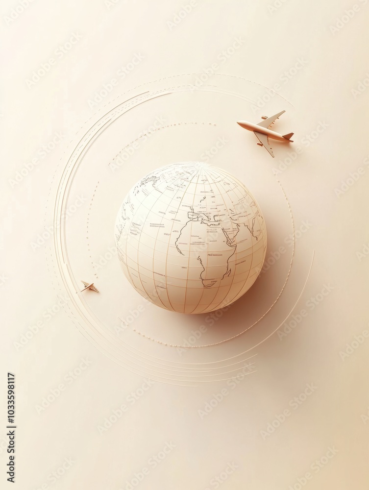 Poster An airplane is depicted with a trail around a minimalist globe, capturing the essence of international travel and exploration. Generative AI