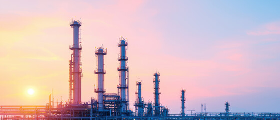 Fototapeta premium A vibrant sunset over an industrial landscape featuring tall chimneys and structures, highlighting the intersection of nature and industry.