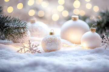 Christmas white decorations on snow with fir tree branches and christmas lights. Winter Decoration Background