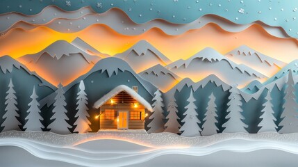 Fototapeta premium Cozy mountain cabin nestled in a snowy wilderness landscape at sunset with warm glowing lights shining through the windows and a majestic mountain backdrop