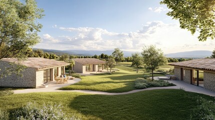 Obraz premium Nestled in olive groves, the stone villa features curved walls, green roofs, and connected rooms, harmonizing beautifully with the surrounding rural environment