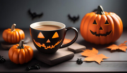 Celebratory Halloween scene with a spooky coffee cup, pumpkins, and autumn leaves. Perfect for seasonal decor and festivities.