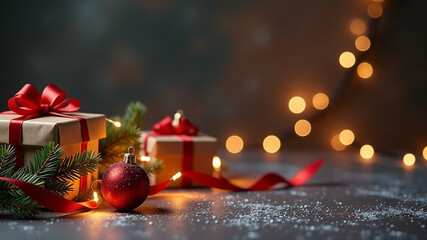 New Year's gifts on dark background. Christmas and New Year celebration concept. Copy space