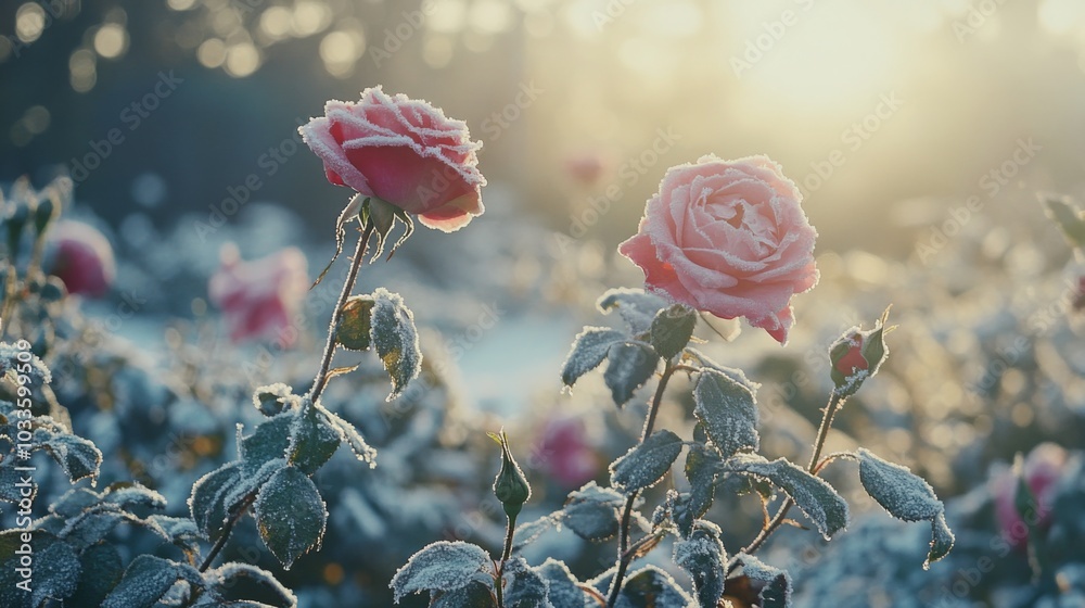 Aufkleber in a tranquil garden, delicate roses are adorned with a shimmering layer of frost, illuminated by so