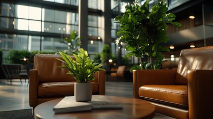 Fototapeta premium Modern office lounge with indoor plants for health and wellness ambiance in spring