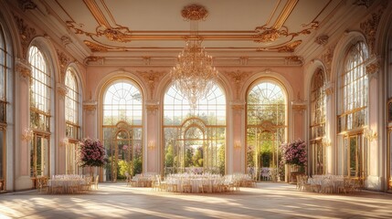 Fototapeta premium Ornate ballroom in a pastel pink castle, grand crystal chandeliers, arched windows open to a garden blooming with roses and lavender, golden accents