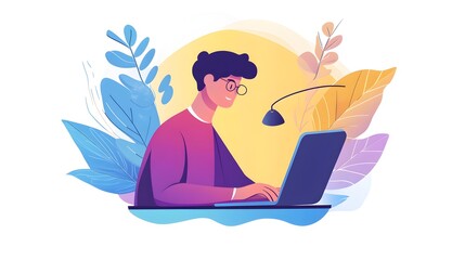 Man Working on Laptop  Freelance  Remote Work  Online Business  Digital Nomad  Home Office  Desk  Technology  Illustration  Vector