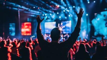 a crowd of people standing and cheering raising their hands facing backwards cheering watching a music concert on a white background