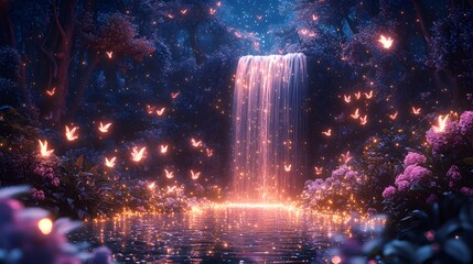 Fototapeta premium A magical ring of fairies flying around a sparkling waterfall in a lush enchanted grove, glowing wings and dust trailing in the moonlit forest