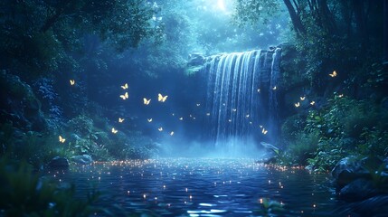 A magical ring of fairies flying around a sparkling waterfall in a lush enchanted grove, glowing wings and dust trailing in the moonlit forest