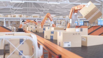 Robotic arms selecting orders in a logistics warehouse. Industrial automation. Realistic 3D animation.